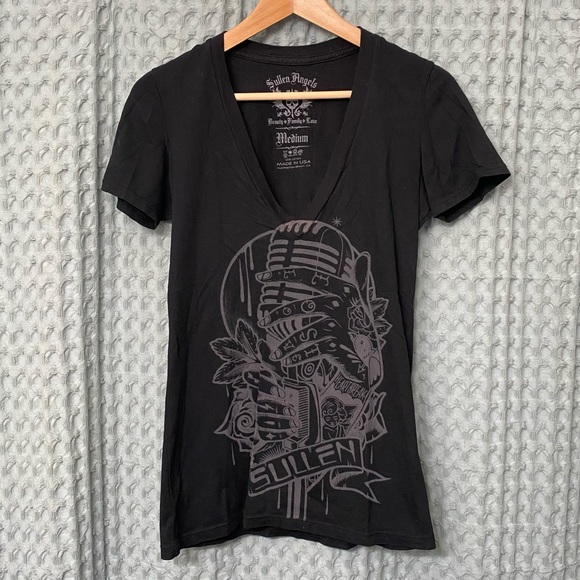 Sullen Tops - SULLEN ANGELS deep V neck black tee